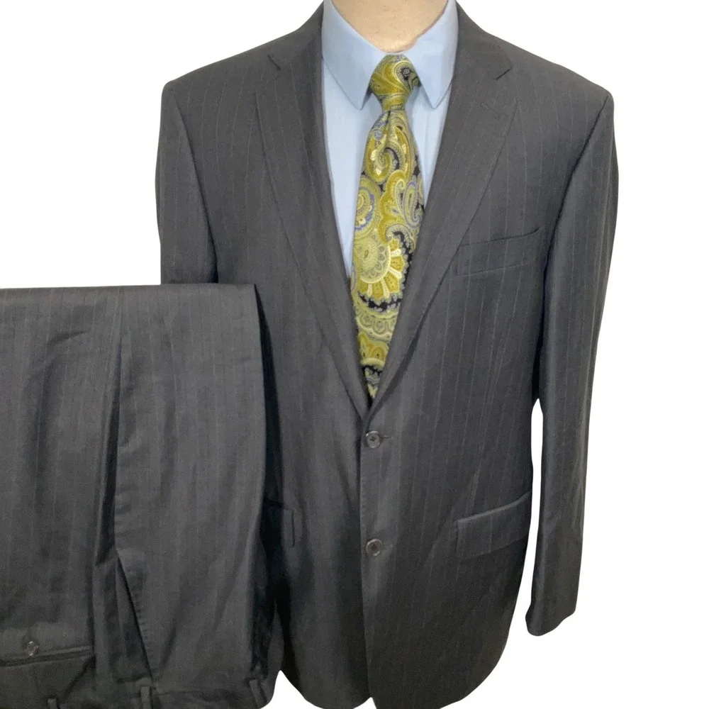 Piattelli‎ Barneys Mens Suit 54L Charcoal Purple Pinstripe Reda Italy